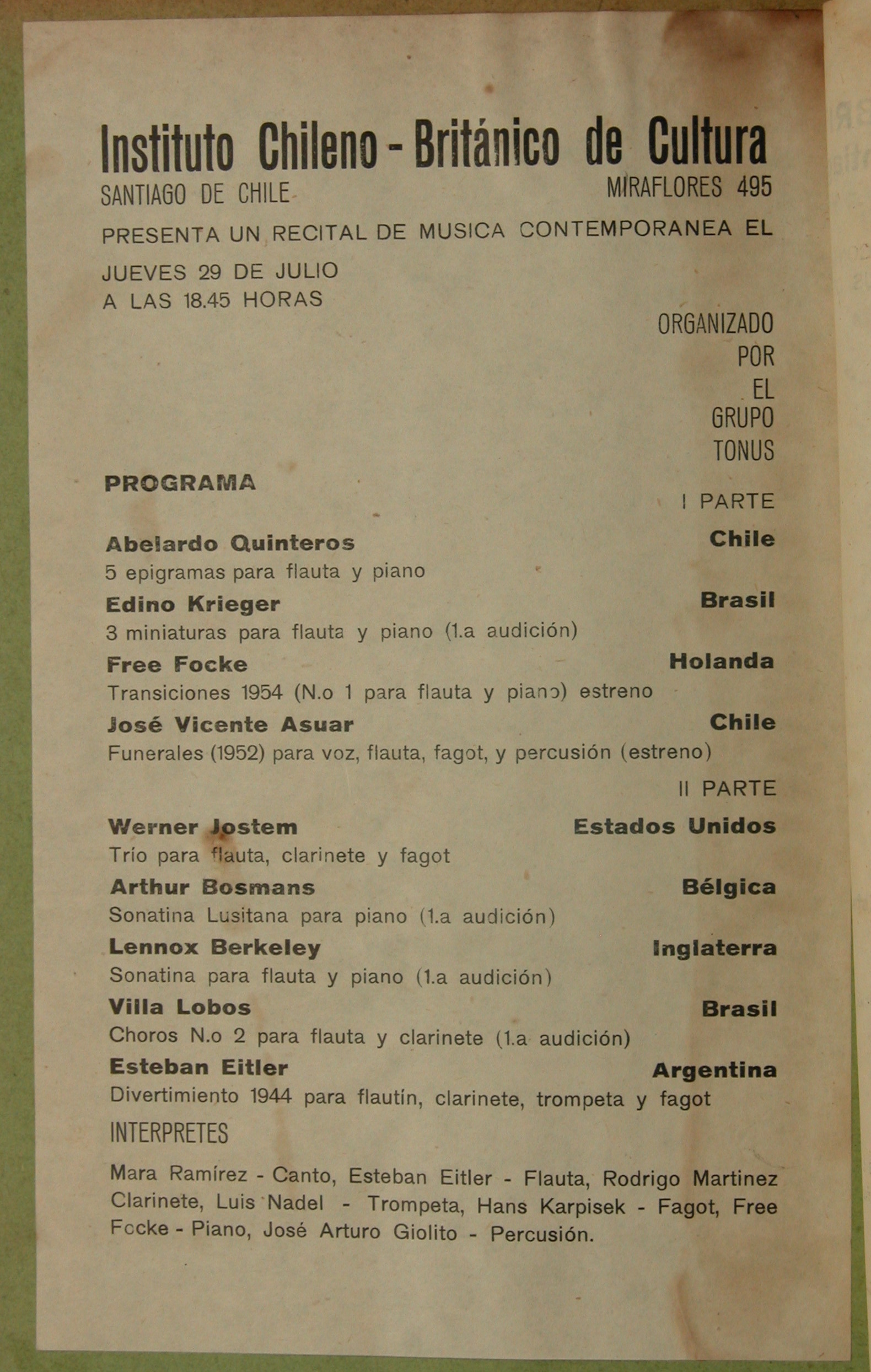 Programa de un concierto de 1954. Fuente: Revista Resonancias UC. 
