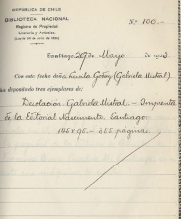 Registro de Propiedad Intelectual de la obra "Desolación" (1922) de Gabriela Mistral. Fuente: Propiedad Intelectual. 