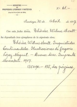 Registro de la obra "Inquietudes Sentimentales"(1917) de Teresa Wilms Montt. Fuente: Propiedad Intelectual. 