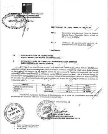 Certificado de Cumplimiento contrato de arrendamiento mes de abril 2020. Fuente: Diario y Radio Universidad de Chile.