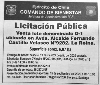 Llamado del Ejército de Chile a la licitación pública para la venta del lote denominado D-1 ubicado en Avenida Fernando Castillo Velasco Nº en la comuna de La Reina.