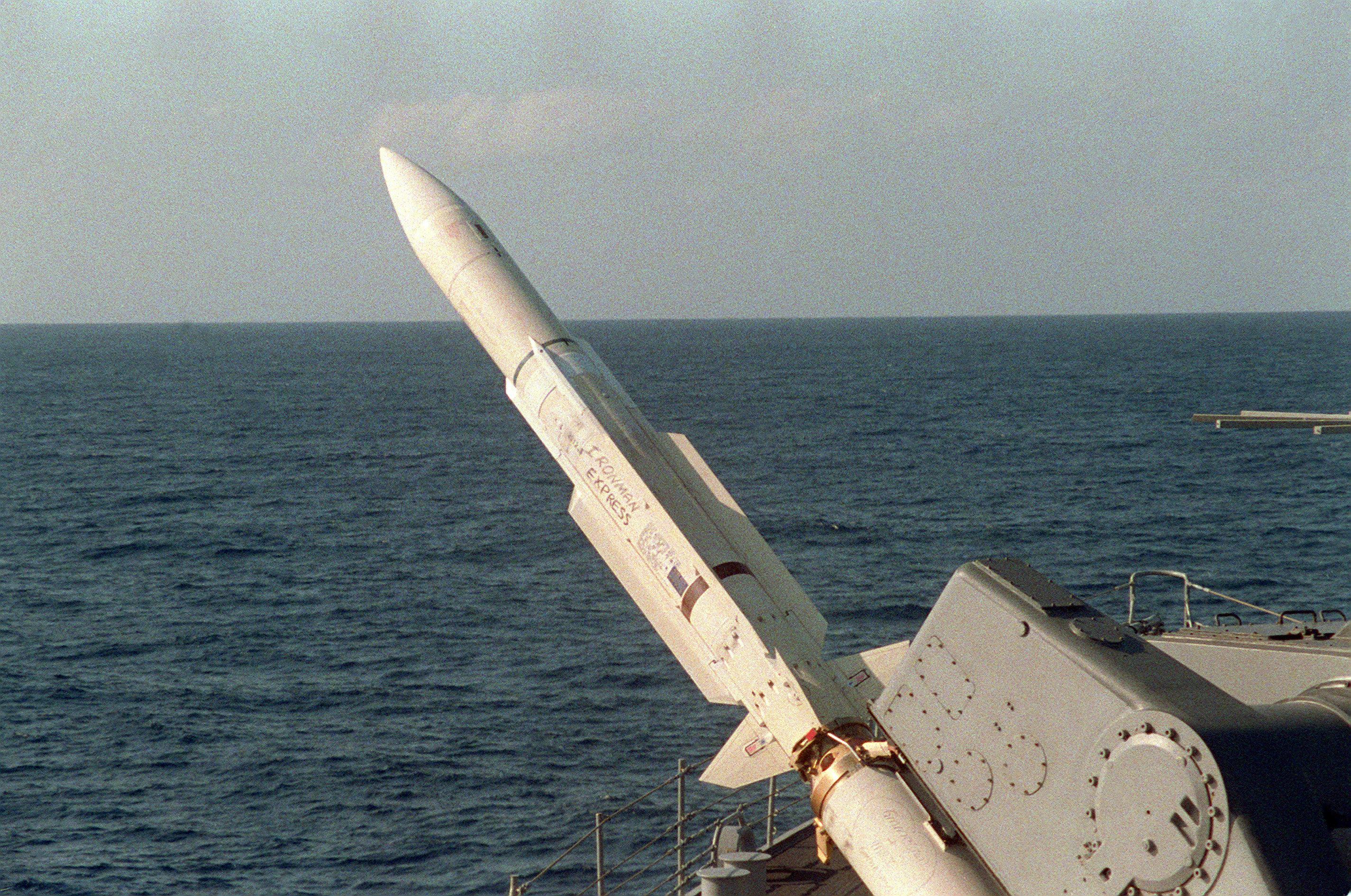 A view of an RIM-67B Standard (SM-2ER) surface-to-air missile on its launch platform aboard a guided missile cruiser.