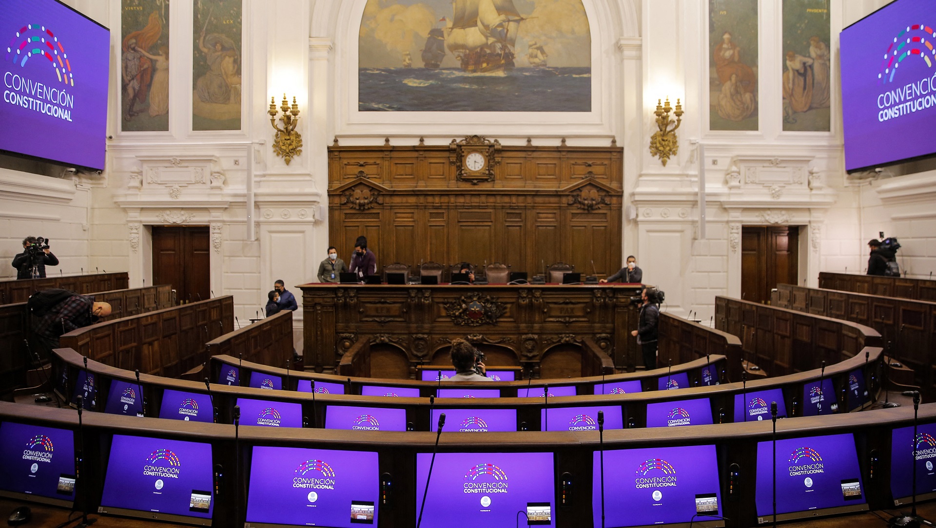 View of the interior of the National Congress headquarters in Santiago which will house 155 constituents who will draft the new Constitution, in Santiago 30 June 2021. - The assembly will be installed on July 4. (Photo by JAVIER TORRES / AFP)