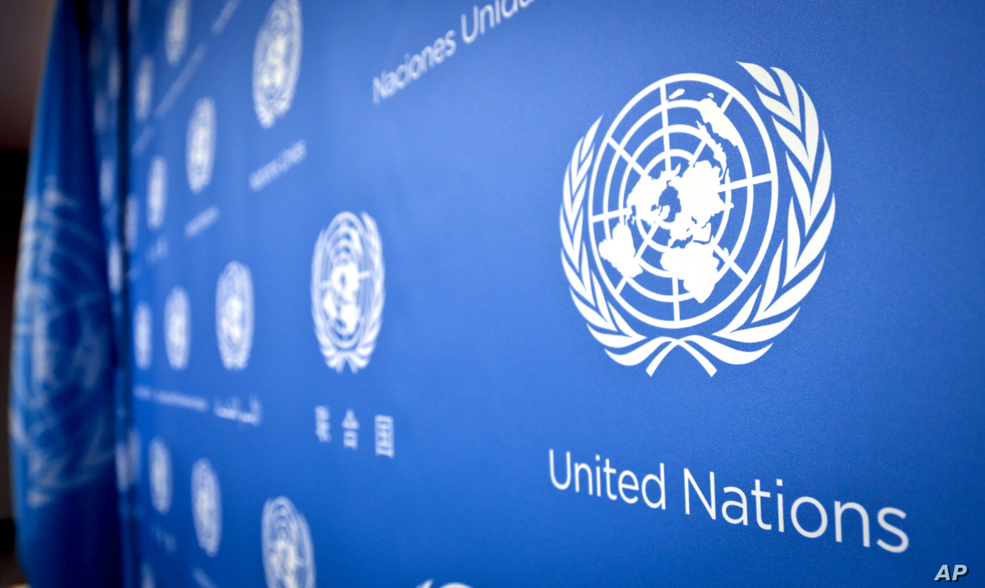 U.N. logo pattern a press conference background at the United Nations headquarters, Tuesday, Sept. 3, 2013.   (AP Photo/Bebeto Matthews)