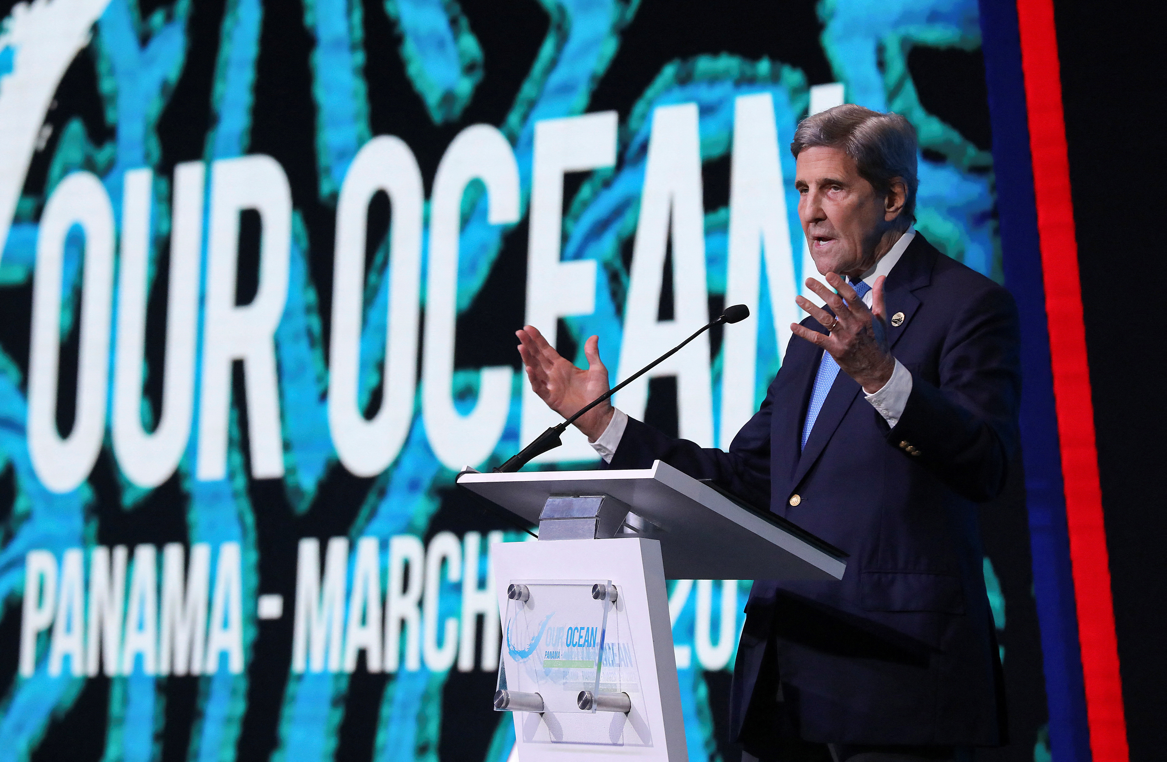 FILE PHOTO: U.S. Special Envoy for Climate John Kerry speaks during the 2023 Our Ocean Conference, in Panama City, Panama March 2, 2023. REUTERS/Aris Martinez