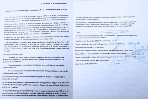 Acuerdo de pescadores artesanales y comunidades lafkenche del litoral de la Región de Aysén.