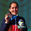 SANTIAGO, CHILE – NOV 24: Amanda Cerna de Chile medalla de bronce durante la premiacion de los 100m T47 en el centro atletico Mario Recordon en el Parque Estadio Nacional el 24 de Noviembre en Santiago, Chile.