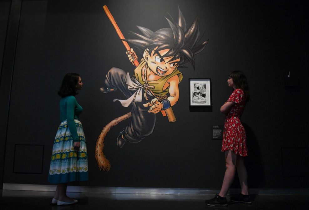 Dibujos de la serie "Dragon Ball" de Akira Toriyama expuestas en una exhibición de manga en el Museo Británico de Londres, el 22 de mayo de 2019 © Daniel LEAL / AFP