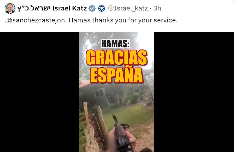 El ministro de Exteriores de Israel publica un video en la red social X con el mensaje a Pedro Sánchez "Hamas le agradece sus servicios"
EUROPA PRESS
26/5/2024