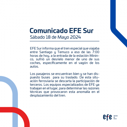 Comunicado de EFE por descarrilamiento de tren Santiago Temuco