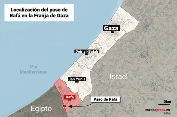 Mapa que representa el paso de Rafá en la Franja de Gaza. Gráfica: Europa Press.