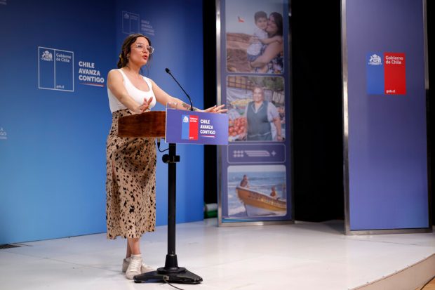 Ministra Vallejo ofrece punto de prensa en el Palacio de La Moneda. 