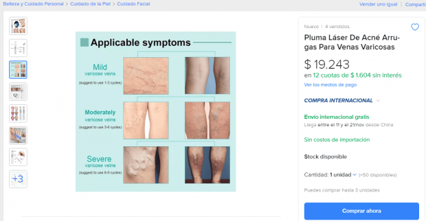 Pluma láser para "eliminar" acné y arrugas comercializada por Mercado Libre. 