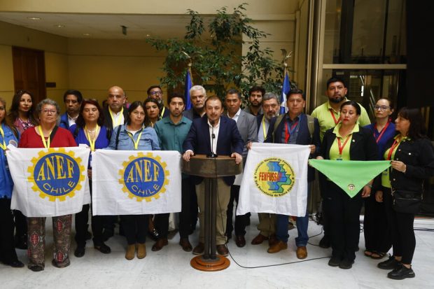 Gremios de funcionarios públicos y diputados oficialistas realizan punto de prensa en el Congreso Nacional.