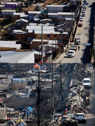 Vistas de los lugares siniestrados por el megaincendio en la Región de Valparaíso un año después. En la foto el barrio de Pompeya norte.