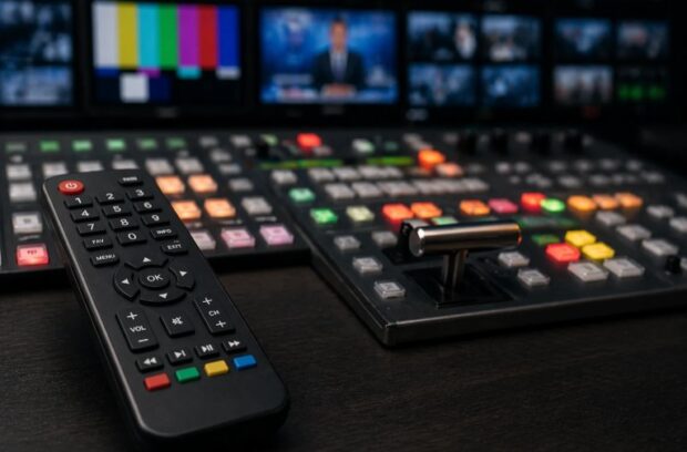 Imagen referencial de una sala de control de televisión. Se observa un control remoto y varios televisores. 