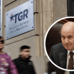 Montaje de imágenes de la fachada de la Tesorería General de la República y el ministro Jorge Quiroz.
